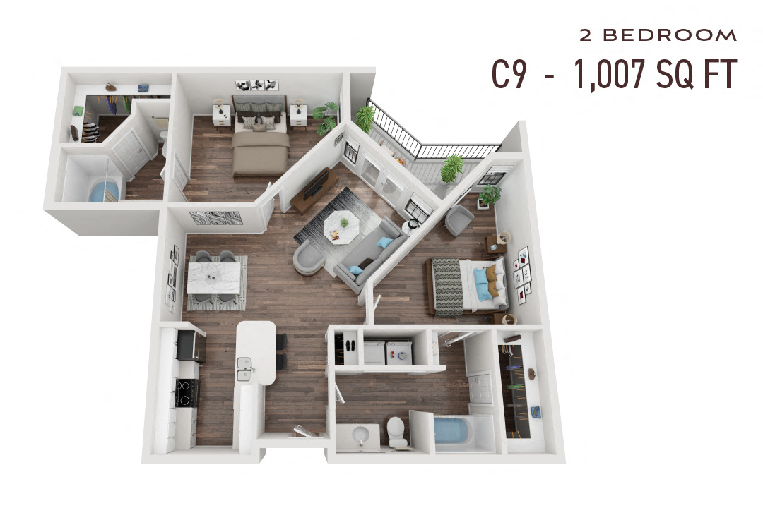 Floor plan for 2 beds, 2 baths, 1007 sqft